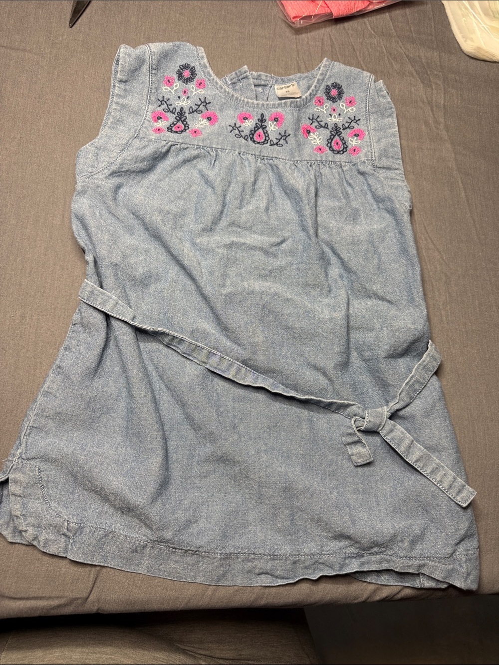 Carter's Light Denim Dress with Pink & Navy Floral Embroidery